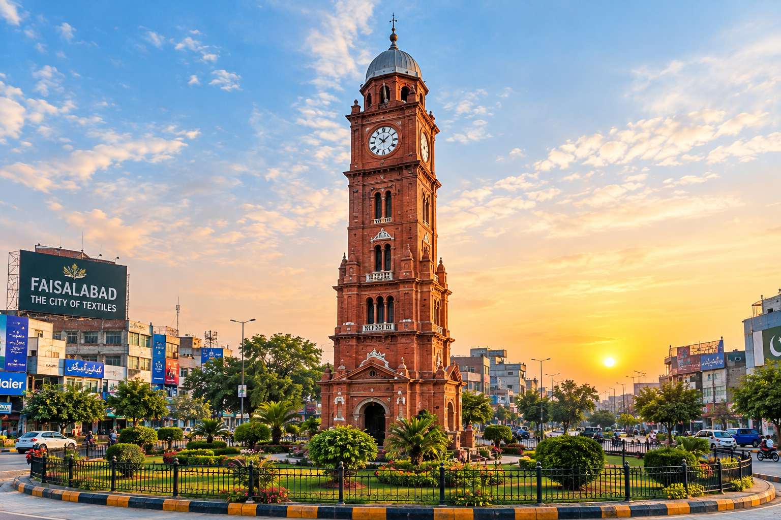 Modern buildings representing Faisalabad